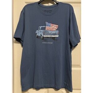 Life Is Good T-Shirt Mens L Blue USA Flag Truck Graphic Crusher Tee 100% Cotton